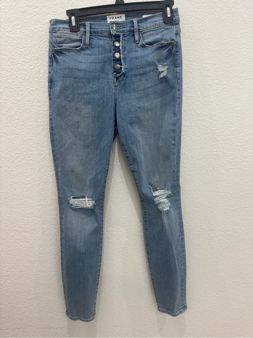 FRAME Le High Skinny Jeans 29 Rooftop Distressed Button Fly High Rise Blue